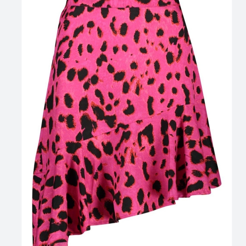 Leppard Print Ruffle Pink and Black Midi Skirt